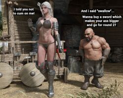 3d 3d_(artwork) armor athletic_female big_breasts bikini bikini_armor blonde_female bra breasts cd_projekt_red ciri cum cum_on_breasts cum_on_face daz3d daz_studio dialogue dwarf english_text fantasy female pin3d tattoo the_witcher_(series) the_witcher_3:_wild_hunt unwanted_cumshot useless_armor