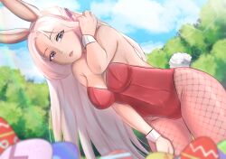 1girls adjusting_hair alternate_costume breasts bunny_ears bunny_girl bunnysuit cleavage edelgard_von_hresvelg egg female female_only fire_emblem fire_emblem:_three_houses fishnet_legwear fishnets large_breasts leaning_forward leotard long_hair nintendo open_mouth outdoors pantyhose purple_eyes rinku_bny solo very_long_hair white_hair