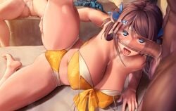 1boy 2girls after_sex after_vaginal bar_censor bikini blue_eyes braid breasts brown_hair censored chougei_(kantai_collection) cum cum_in_pussy cumdrip dark-skinned_male dark_skin erection hair_ornament hair_rings hairclip interracial kantai_collection large_breasts long_hair moose_(moosemitchell2) multiple_girls navel official_alternate_costume penis penis_on_face penis_over_eyes pussy swimsuit transparent twin_braids whale_hair_ornament yellow_bikini