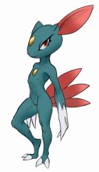 2019 anthro athletic_female blue_body claws female flat_chested full-length_portrait genitals hi_res looking_at_viewer mammal nintendo pokemon pokemon_(species) portrait pupils pussy red_eyes simple_background slit_pupils smile sneasel solo standing video_games w4g4 white_background