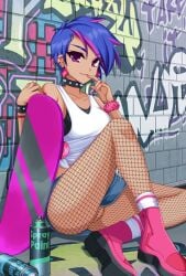 1girls accurate_art_style choker cross_earrings crush_crush ear_piercing earrings female female_focus female_only fishnet_legwear fishnet_stockings fishnets game_cg graffiti looking_at_viewer nail_polish no_panties nova_(crush_crush) purple_hair sad_panda_studios skateboard smile smiling smiling_at_viewer solo solo_female solo_focus spiked_bracelet spiky_hair violet_eyes violet_nail_polish