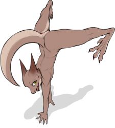 2019 anthro anus casual_nudity digital_media_(artwork) female full-length_portrait genitals handstand hi_res kobold nude nude_anthro nude_female portrait pupils pussy scalie simple_background slit_pupils solo spread_legs spreading tan_body upside-down w4g4 white_background