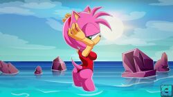 1girls amy_rose ass back_view butt c-hats exposed_ass exposed_butt fanservice female female_focus female_only hd hi_res high_resolution highres lake ocean one-piece_swimsuit one_piece_swimsuit outdoors outside rocks seaside sega sonic_(series) sonic_team sonic_the_hedgehog_(series) water