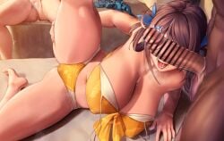 1boy 2girls after_sex after_vaginal bar_censor bikini braid breasts brown_hair cant_see_the_haters censored chougei_(kantai_collection) cum cum_in_pussy cumdrip dark-skinned_male dark_skin erection hair_ornament hair_rings hairclip interracial kantai_collection large_breasts long_hair moose_(moosemitchell2) multiple_girls navel official_alternate_costume penis penis_on_face penis_over_eyes pussy swimsuit twin_braids whale_hair_ornament yellow_bikini