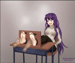 1girls black_leggings desk disembodied_hands doki_doki_literature_club feet feet_on_desk female foot_fetish hands leggings no_shoes no_socks purple_eyes purple_hair solo tickling tickling_feet tickling_fetish ticklish_phyllis_(artist) turtleneck turtleneck_sweater yuri_(doki_doki_literature_club)