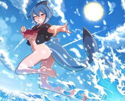 1girls 2022 ass barefoot beach blue_hair borrowed_character bottomless breast_cutout breasts commission deus_vulv grin looking_at_viewer mako_(azuumori) navel nipples outside pink_eyes pussy school_uniform shark_girl shark_tail tagme tail thighs uniform