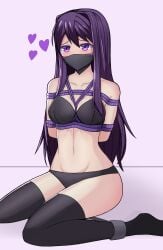 1girls black_bra black_panties black_socks bondage bra doki_doki_literature_club female gag gagged gagged_female heart looking_at_viewer panties purple_eyes purple_hair purple_heart purple_hearts purple_rope ropes socks solo spreader_bar tape taped_legs thebink32 tied_arms tied_hands tied_up yuri_(doki_doki_literature_club)