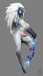 2019 anthro bovid caprine cloven_hooves erection ftm_crossgender full-length_portrait fur genitals gloves_(marking) grey_background hair hi_res hooves kindred lamb_(league_of_legends) league_of_legends male mammal markings mask mask_only nude on_one_leg penis portrait riot_games rule_63 sheep simple_background solo standing video_games w4g4 white_body white_fur white_hair wool_(fur)