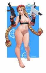 beret blonde_female blonde_hair breasts cammy_white dual_wielding feet female gun nipples nthlwd nude pubic_hair pussy small_breasts standing street_fighter submachine_gun toenails toes twintails weapon wide_hips