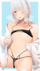 1girls bikini bikini_lift blue_eyes blush censored flat_chest heart-shaped_pupils looking_at_viewer nipples one_eye_closed ramchi silver_hair solo