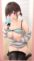 1girls blush bow bow_bra bra_lift brown_hair cellphone censored childhood_friend-chan_(ramchi) embarrassed large_breasts mirror_selfie nipples open_mouth panties panty_pull pantyhose pantyhose_pull ponytail purple_eyes ramchi solo underwear