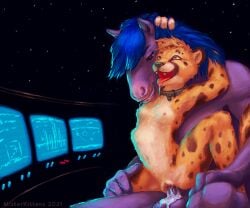 2021 6:5 anthro balls blue_hair bodily_fluids breasts carbinecat_(character) cheetah cockpit collar cum cum_inside drooling duo ejaculation equid equine erection felid feline female genital_fluids genitals grin hair hands-free happy horse male male/female mammal misterkittens monitor on_lap orgasm penetration penis pussy saliva sex sitting sitting_on_lap small_breasts smile softailfox space stomach_bulge vaginal_penetration vaginal_penetration