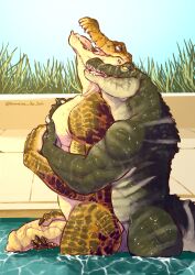 2022 absurd_res alligator alligatorid anthro biceps claws crocodilian digital_drawing_(artwork) digital_media_(artwork) duo foreskin genitals hi_res holding_penis looking_at_another looking_at_partner male male/male muscular muscular_anthro muscular_male outside partially_submerged penis pupils reptile scalie serex sky slit_pupils teeth tongue