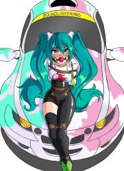 arms_tied_behind_back ball_gag boundlightning breasts car crotch_rope female gag gagged green_eyes green_hair hatsune_miku large_breasts legs_tied long_twintails race_car race_queen rope rope_bondage sitting sitting_on_car twintails vocaloid