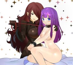 2girls blue_eyes bodysuit breasts brown_eyes brown_hair collar dominatrix femdom femsub gloves hair_over_one_eye hand_on_shoulder holding_leash large_breasts leash lipstick long_hair lucy_dyne lumpychan medium_breasts mitsuru_kirijo mole_under_eye multiple_girls navel nipples nude_female persona persona_3 purple_hair slave wrist_cuffs yuri