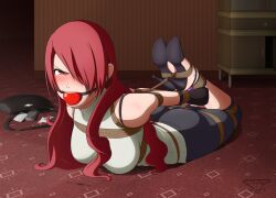 ass bag ball_gag bondage bondage_mittens bra_strap breasts clothed_female female gag hair_over_one_eye high_heels hogtie jeans large_breasts long_hair mitsuru_kirijo persona persona_3 red_eyes red_hair rope rope_bondage shirt underware white_shirt