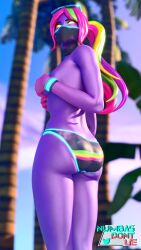 1girls ass covering_breasts fortnite galaxia_(fortnite) glasses looking_back masked multicolored_hair purple_skin thenumbersdon'tlie topless