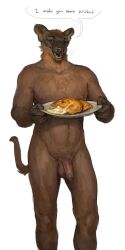 anthro balls brown_body brown_fur english_text euplerid food fossa fur genitals hi_res holding_object humanoid_genitalia humanoid_penis looking_at_viewer male mammal multicolored_body multicolored_fur nipples nude open_mouth open_smile penile penis simple_background smile solo standing teeth text two_tone_body two_tone_fur whaleoil1 white_background