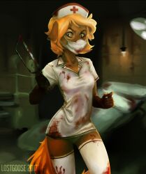 2017 anthro artist_name blonde_female blonde_hair blood_on_leg blood_on_shirt brown_body brown_ears brown_eyebrows brown_fur clothing dated eyebrows eyelashes female floppy_ears front_view fur hair legwear lostgoose mask nurse_clothing orange_tail saw solo standing three-quarter_view tools topwear white_clothing white_legwear white_topwear