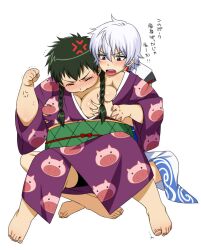 2girls anger_vein angry barefoot big_breasts black_hair blush braided_hair breast_grab breast_squeeze breast_squish canon_genderswap chubby chubby_female cleavage dark_green_hair female female_only genderswap_(mtf) ginko_sakata gintama gintoki_sakata grabbing_from_behind groping groping_from_behind hijikata_tenko hijikata_toshiro inukkoro kimono no_bra obi official_alternate_costume one_breast_out open_kimono overweight_female plump rule_63 sexual_harassment short_hair sitting sweat sweatdrop trembling twin_braids white_hair yuri