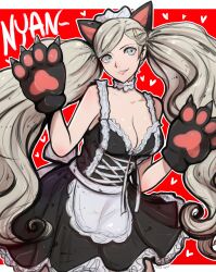 ann_takamaki blonde_female blonde_hair blue_eyes breasts cat_ears choker earrings fake_animal_ears female frilled_choker grey_hair hairclip large_breasts long_twintails maid maid_headdress maid_uniform omiza_somi pawpads persona persona_5 silver_hair twintails