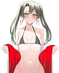 absurdres bikini bikini_top_only blush breasts female hair_ribbon highres kantai_collection long_hair looking_at_viewer navel ribbon simple_background small_breasts solo sweat swimsuit takaman_(gaffe) twintails white_background zuikaku_(kantai_collection)