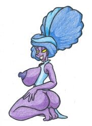 1girls ass beehive_hairdo big_breasts blue_hair breasts butt drawing drawn earrings feet female female_only half-closed_eyes hellen_gravely kneeling lips lipstick looking_at_viewer luigi's_mansion mario_(series) nintendo nipples older_female on_knees purple_body purple_nipples purple_skin red_lipstick smile smiling_at_viewer solo squatting thick thick_ass thick_hips thick_thighs wide_hips yellow_eyes