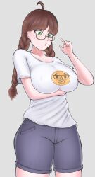 1girls ahoge big_breasts blush braid breasts brown_hair emoji female freckles glasses green_eyes nerd_emoji nerd_emoji_girl open_mouth shirt shorts simple_background solo standing sweat sweatdrop t-shirt twin_braids yago_rilla