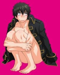 barefoot black_hair crouching crying_with_eyes_open frown full_body gintama hijikata_toshiro inukkoro jacket jacket_on_shoulders knees_up male male_only military_jacket mostly_nude open_jacket partially_clothed pink_background police_uniform shinsengumi_(gintama) sitting solo tears uniform wavy_mouth