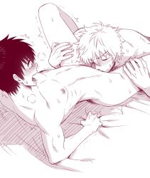 2boys blowjob blush closed_eyes completely_nude fellatio gay gintama gintoki_sakata hijikata_toshiro inukkoro legs_held_open looking_at_another male male_only monochrome nude on_back on_bed open_mouth oral sheet_grab sketch spread_legs sweat tears toned toned_male trembling yaoi