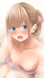 1girls bathing blonde_female blonde_hair blue_eyes blush hime-chan_(ramchi) nipples one_breast_out ramchi see-through_clothing small_breasts solo