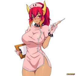 1girls bowsette breasts choker clipboard dark-skinned_female dark_skin female female_only frenxir fully_clothed gloves holding_clipboard holding_syringe horns large_breasts mario_(series) needle new_super_mario_bros._u_deluxe nintendo nurse nurse_cap nurse_uniform ponytail red_bowsette red_eyes red_hair solo solo_female spiked_choker super_crown syringe white_background