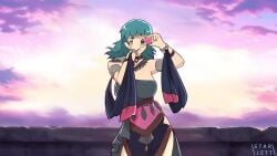 alternate_costume animated big_breasts blue_eyes bouncing_breasts breasts byleth_(fire_emblem) byleth_(fire_emblem)_(female) c_starlett dancer_(three_houses) dancing female fire_emblem fire_emblem:_three_houses heart_hands large_breasts looking_at_viewer mp4 nintendo no_sound official_alternate_costume outdoors sky sunset teal_hair video wholesome