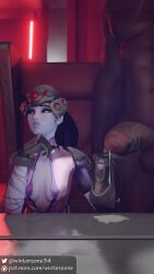 1boy 1girls 3d 3d_(artwork) annoyed big_penis blender blizzard_entertainment cum cum_drip cum_stain dark-skinned_male dark_skin interracial looking_away looking_away_from_partner overwatch purple_skin tagme touching_penis widowmaker winterzone