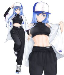 air_jordan baseball_cap black_pants black_shirt black_sweatpants blue_eyes blue_hair chaesu cowboy_shirt crop_top female hat long_hair looking_at_viewer midriff minah multiple_views navel open_clothes open_shirt original_character pants shirt shoes sneakers standing stomach sweatpants white_shirt