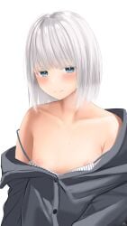 1girls blush breasts_out flat_chest looking_at_viewer nipples ramchi short_hair silver_hair smile solo