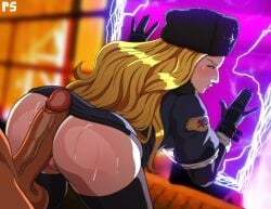 1boy 1girls absurd_res against_glass artist_logo ass balls big_ass big_penis black_hair blonde_female blue_eyes blush bottomless butt capcom clitoral_hood clothed_female_nude_male dark-skinned_male dark_skin erection female gloves hi_res interracial kolin long_hair looking_back penis pumpkinsinclair signature street_fighter street_fighter_v testicles thick_thighs thighhighs thighs urien veiny_penis watermark