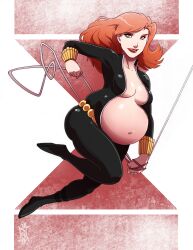 1girls belly big_belly big_breasts black_widow_(marvel) bodysuit breasts cleavage female female_only human human_only light-skinned_female light_skin marvel natasha_romanoff pregnant red_hair seriojainc solo unzipped unzipped_bodysuit