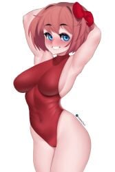 1girls armpits big_breasts blue_eyes blush breasts cameltoe doki_doki_literature_club eye_contact female female_focus female_only fiera_(artist) hair_ribbon just_sayori leotard light_skin looking_at_viewer sayori_(doki_doki_literature_club) short_hair smile solo solo_female standing thick_thighs thighs white_background