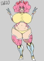 1girls android big_breasts blue_eyes breasts double_v female heterochromia impossible_clothes impossible_shirt inakotho mechanical_arms panties pink_eyes pink_hair robot robot_joints t-shirt