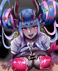 1boy asuyakanato bangs bikini blue_hair blush breasts choker cleavage collared_shirt colored_skin cum detached_sleeves double_bun dragon_girl dragon_horns earrings ejaculation fate/grand_order fate_(series) female grey_skin hair_between_eyes hair_bun hair_ornament highres horns ibuki_douji_(fate) ibuki_douji_(swimsuit_berserker)_(fate) jewelry large_breasts long_hair looking_at_viewer multicolored_hair necktie oni oni_horns open_mouth paizuri penis pink_bikini pink_hair pointy_ears red_eyes sharp_ears shirt short_sleeves sidelocks solo_focus star_(symbol) star_hair_ornament straight swimsuit tied_shirt tongue tongue_out white_shirt