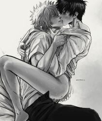 2boys alternate_costume anal anal_sex blush bodily_fluids bottomless clothed_sex clothes_grab clothes_pull french_kiss functionally_nude gay genital_fluids gintama gintoki_sakata greyscale hand_on_ass hi_res hijikata_toshiro kissing looking_at_another male male_only marrbl messy_hair monochrome open_pants sitting_on_lap sitting_on_person sweat tears teen_boy teenager very_high_resolution yaoi