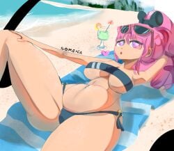 arms_behind_back arms_behind_head arms_up beach belly belly_piercing bikini breasts chubby chubby_belly chubby_female drink glasses grabbing_legs gris_swimsuit heart legs_grab looking_at_viewer meme meme_clothing pink_eyes pink_hair shortstack smaller_female somen somena_(somen) swimsuit tagme thick_ass thick_thighs