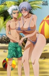 1boy 1boy1girl 1girls arms ass bare_shoulders beach beach_ball beach_umbrella belly big_breasts big_chest bikini bleach blue_eyes blue_sky blush bra breasts bust busty chest chin couple elbows ero-enzo eyebrows female fingernails fingers flirting green_eyes hair hand_on_hip hand_on_shoulder hands height_difference huge_breasts knees kotetsu_isane large_breasts larger_female legs lips male most_body mouth navel neck ocean palm_tree rtenzo sand sea short_hair short_hair_with_long_locks shorter_male shorts shoulders silver_hair size_difference sky smaller_male stomach tall_female tall_girl taller_female taller_girl thighs toshiro_hitsugaya turquoise_eyes umbrella voluptuous white_hair