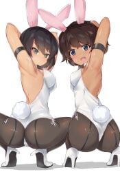 2girls armpits ass ass_focus black_hair blue_eyes breasts brown_hair brunette bunny_ears bunnysuit female female_only from_behind girls_und_panzer green_eyes high_heels hoshino_(girls_und_panzer) leotard pantyhose squatting suzuki_(girls_und_panzer) tagme yoi_naosuke