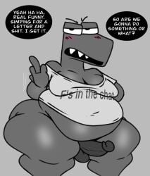 alphabet alphabet_(mike_salcedo) anthro bhm big_penis black_and_white breathotter dick f_(mike_salcedo) fat fat_belly male_only moobs penis scalie text text_porn thick thick_ass thick_thighs thighs