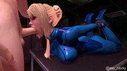 1boy 3d arms_behind_back blonde_female blonde_hair blue_eyes bondage breasts deepthroat erection fellatio female gag grabbing grabbing_another's_hair irrumatio large_breasts lying metroid nintendo on_stomach oral penis ponytail samus_aran stay_blocky straight zero_suit zero_suit_samus