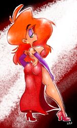 1girls 2019 arm_gloves artist_signature ass ass_cleavage butt_crack cleavage clothing disney dress earrings eyeshadow female female_only full_body green_eyes hand_on_hip heels huge_breasts jellot jessica_rabbit lipstick long_hair long_red_hair mature mature_female mature_woman purple_eyeshadow purple_gloves red_dress red_hair red_lipstick sideboob solo solo_female thick_lips thick_thighs thighs who_framed_roger_rabbit