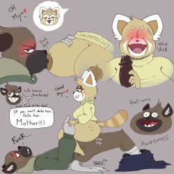 aggressive_retsuko anthro blush breast_grab breast_sucking breasts breasts_out daughters_friend friends_mother haida mother_and_daughter's_friend open_mouth pants_down penis pounding raccoon raccoon_ears raccoon_tail racoon_girl retsuko's_mother sanrio smile smiling_at_viewer straight_hair sucking sucking_nipples surprised_expression text text_box wolf wolf_ears wolf_tail