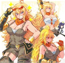 big_breasts blake_belladonna blonde_female bocodamondo breasts cleavage eyewear_on_head female gauntlets lewdamone purple_eyes red_eyes rwby smirking_at_viewer stretching sunglasses sunglasses_on_head tagme yang_xiao_long